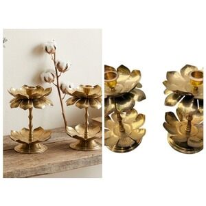 Pair of VTG Brass Lotus Flower PARZINGER Style Candle Holder Hollywood Regency